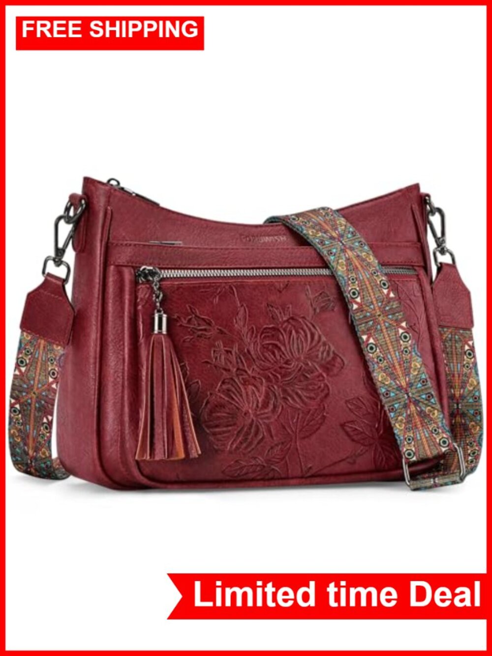 Crossbody Bag Women Vegan Leather Floral Embossing Adjustable Strap Hobo Purse